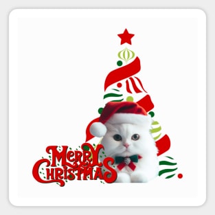 Cute White Cat in Santa Hat with Christmas Tree ,Brafdesign Magnet